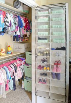 Add storage to a baby's closet with an inexpensive shoe organizer. Click for more closet ideas that will grow right along with baby Baby Shoe Organization, Kids Closet Ideas, Kids Shoe Organization, Toddler Closet Organization, Girls Closet Organization, Organiser Son Dressing, Toddler Closet, Master Closet Organization, Small Room Organization