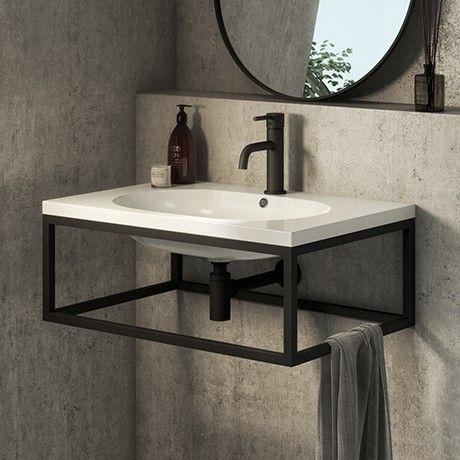 Tiny Shower Room Ideas, Small Washroom Design, Black Towel Rail, Bathroom Construction, Wall Hung Basin, Washroom Accessories, Matte Black Faucet, Washroom Design, Black Towels