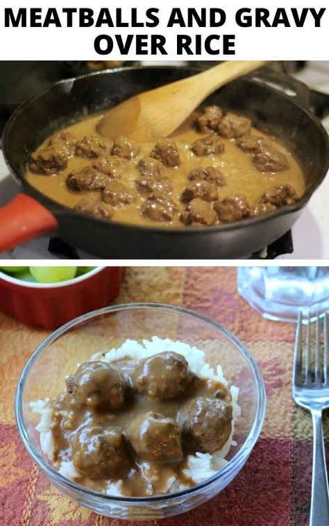 Meatball Rice And Gravy, Meatballs Over Rice Recipes, Rice With Meatballs Dinners, Meatballs With Rice And Gravy, Meatball Dinner Ideas Rice, Easy Meatball And Rice Recipes, Easy Meatball And Gravy Recipes, Frozen Meatball And Gravy Recipes, Meat Ball And Rice Recipes