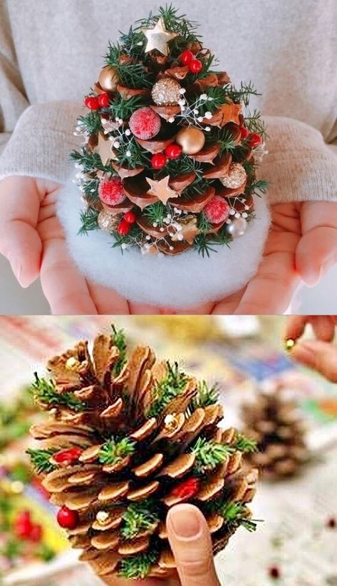 Pine Cone Christmas, Pinecone Crafts Christmas, Pine Cone Christmas Tree, Farmhouse Christmas Ornaments, Diy Christmas Ornaments Easy, Paper Flower Crafts, Crochet Christmas Ornaments, Handmade Christmas Decorations, Holiday Crafts Christmas