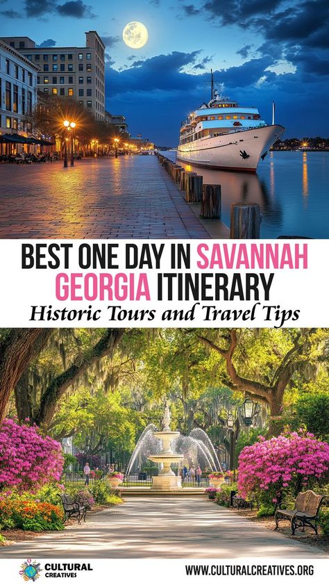 A moonlit riverfront scene and a charming park fountain framed by oak trees and blooming flowers represent the Best One Day in Savannah Georgia Itinerary: Historic Tours & Travel Tips for a picturesque getaway. Georgia Itinerary, Southern Beauty, Forsyth Park, Ghost Tour, Beautiful Streets, Spanish Moss, Perfect Itinerary, Summer Road Trip, Savannah Georgia