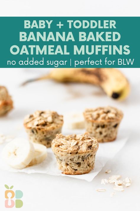 Baby + Toddler Banana Baked Oatmeal Muffins (No Added Sugar) - Baby Led Bliss Blw Banana Oat Muffins, Mini Banana Muffins Toddler, Banana Oat Muffins For Baby, Baked Oatmeal Baby Led Weaning, Oatmeal Bites For Baby, Blw Banana Muffins, Oatmeal Muffins For Toddlers, Baby Oatmeal Muffins, Banana Recipes For Baby