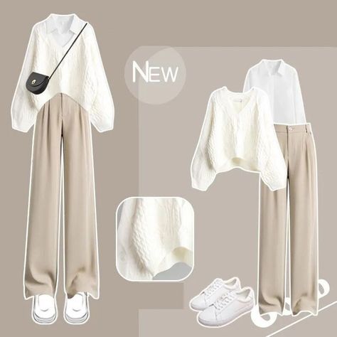 Pongl Women's Autumn/Winter Suit 2023 New Fashion Knitted Sweater White Shirt Casual Pants Summer Suit Women, Simple Style Outfits, Winter Suit, Trendy Outfits For Teens, Everyday Fashion Outfits, Quick Outfits, Easy Trendy Outfits, Sweater White, Modest Fashion Outfits