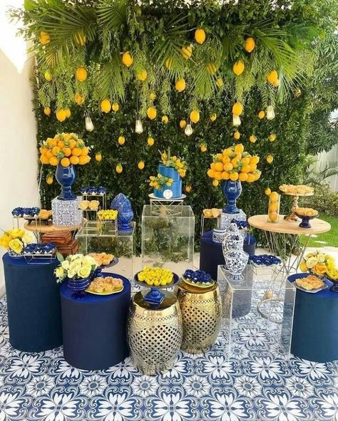 Lemon Haldi Decor, Amalfi Coast Dessert Table, Amalfi Coast First Birthday, Botanical Garden Theme Party, Limoncello Decor, Italian Lemon Decor, Italian Theme Decor, Lake Como Themed Party, Lemon Decorations Home