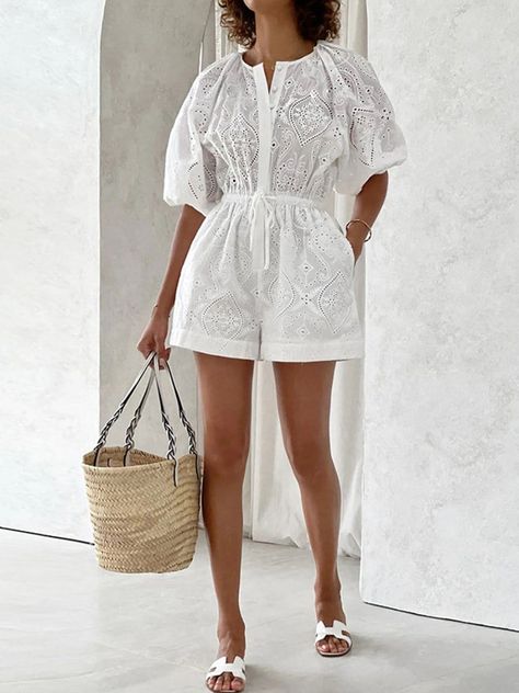 Nellie Hollow Out Playsuit | Fashion Pov Honeymoon Wear, Playsuits Outfit, Cotton Dresses Summer, White Playsuit, Honeymoon Outfits, Resort Fashion, White Cotton Dress, Work Looks, Designer Style