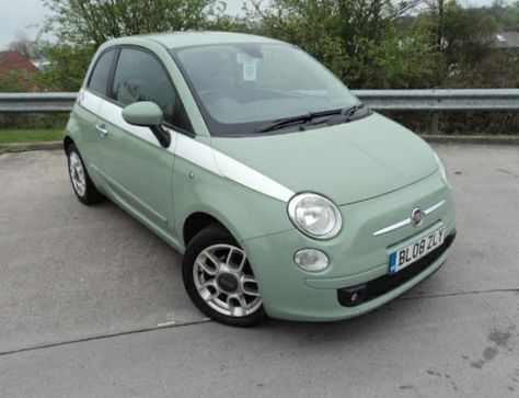 Fiat 500 in Vintage green with go faster stripes Sage Green Fiat 500, Fiat 500 Interior, Mint Green Fiat 500, Green Fiat 500, Fiat 500 White, Green Vintage Car Aesthetic, Fiat 500 Car, Green Old Car Aesthetic, Fiat Cars