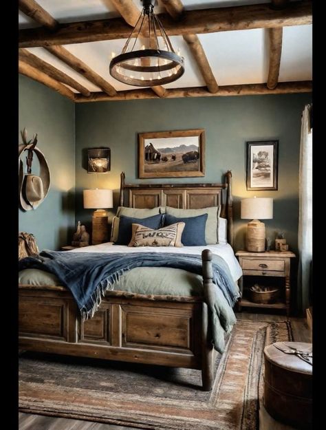 Green Rustic Bedroom Ideas, Western Master Room Bedroom Ideas, Rustic Green Bedroom, Rustic Boys Bedroom, Sage Green Farmhouse Bedroom, Green Farmhouse Bedroom, Bedroom Ideas Trendy, Rustic Bedroom Colors, Rustic Boys Bedrooms