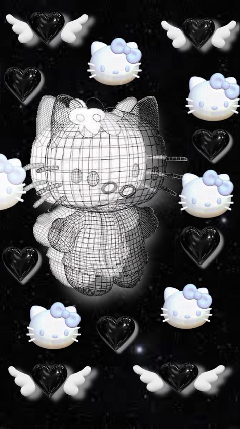 Wallpaper Iphone Hello Kitty Black, Goth Hello Kitty Wallpaper, Emo Hello Kitty Wallpaper, Hello Kitty Y2k Wallpaper, Black Hello Kitty Wallpaper, Y2k Hello Kitty Pfp, Wallpaper Color Black, Black And White Hello Kitty, Y2k Hello Kitty Wallpaper