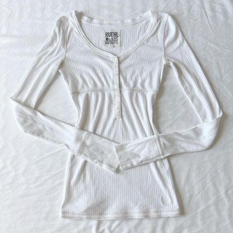 Ruehl 925 white ribbed empire waist Henley long... - Depop Empire Waist Shirt, Depop Clothes, Empire Waist Tops, Henley Long Sleeve, Cute Pajama Sets, 2000s Outfits, White Shirts Women, Y2k Tops, Dr Closet