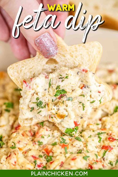 Warm Feta Dip - so simple and tastes great! Perfect for parties and tailgating. Cream cheese, feta, Greek seasoning, garlic, oregano, pimentos, and olive oil. Can make in advance and refrigerate for later. Bake in the oven or in the slow cooker. #feta #cheese #dip #appetizer #partyfood Feta And Olive Appetizer, Feta Spinach Recipes, Olive Feta Dip, Feta Dip Recipes Easy, Feta Cream Cheese Dip, Crumbled Feta Cheese Recipes, Greek Dip Appetizer, Feta Cheese Dip, Recipes Dips