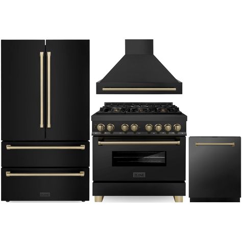 ZLINE Autograph Edition 4-Piece Appliance Package - 36" Dual Fuel Range, 36" Refrigerator, Wall Mounted Range Hood, & 24" Tall Tub Dishwasher in Black Stainless Steel with Champagne Bronze Trim (4AKPR-RABRHDWV36-CB) Home Outlet Direct presents the ultimate expression of luxury, ZLINE's Autograph Edition Appliance P Dishwasher Dimensions, Zline Autograph Edition, Refrigerator Dimensions, Refrigerator Wall, Fridge Shelves, Counter Depth Refrigerator, Kitchen Appliance Packages, Dual Fuel Ranges, Wall Mount Range Hood