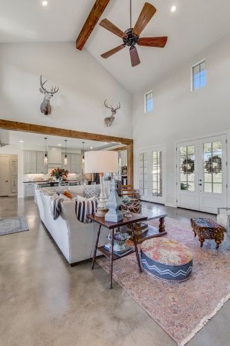 Texas Hill Country Farmhouse - All Over Solutions Hill Country Farmhouse, Concrete Floors Living Room, Concrete Floors In House, Granbury Texas, Prairie House, Concrete Stained Floors, Country Farmhouse Style, Barn Style House, Concrete Floor