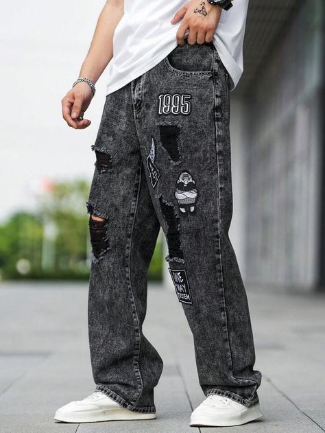 Male Jeans, Ripped Straight Leg Jeans, Straight Leg Jeans Men, Ripped Jeans Men, Boy Fits, Boys Denim, Cool Outfits For Men, Denim Jeans Men, Grey Denim