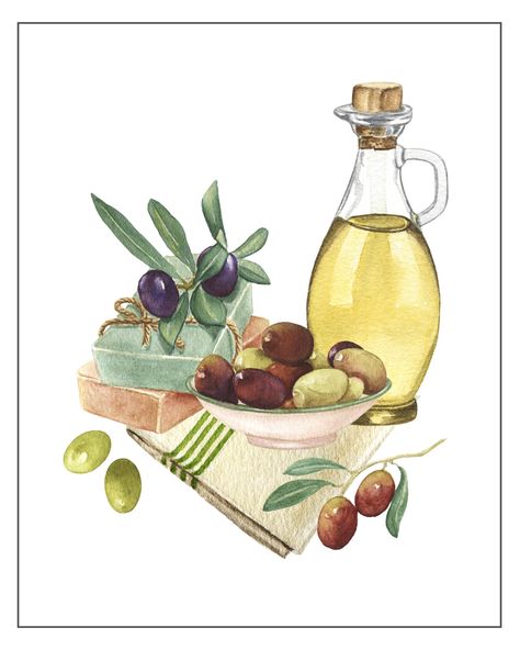 Olive Art, Olive Oil Jar, Watercolor Plants, Plant Painting, Recipe Card, Fine Arts Posters, Stock Paper, Still Life Painting, Kitchen Art