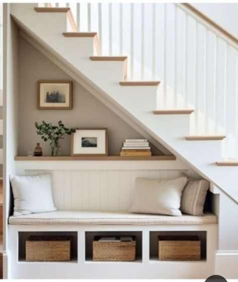 Under Stairs Storage In Living Room, Hallway Understair Storage, Under The Stairs Built In Storage, Stair Furniture Ideas, Storage Under Open Stairs, Under Stairs Furniture, Simple Under Stairs Ideas, Staircase In Small Living Room, Opening Up Under Staircase