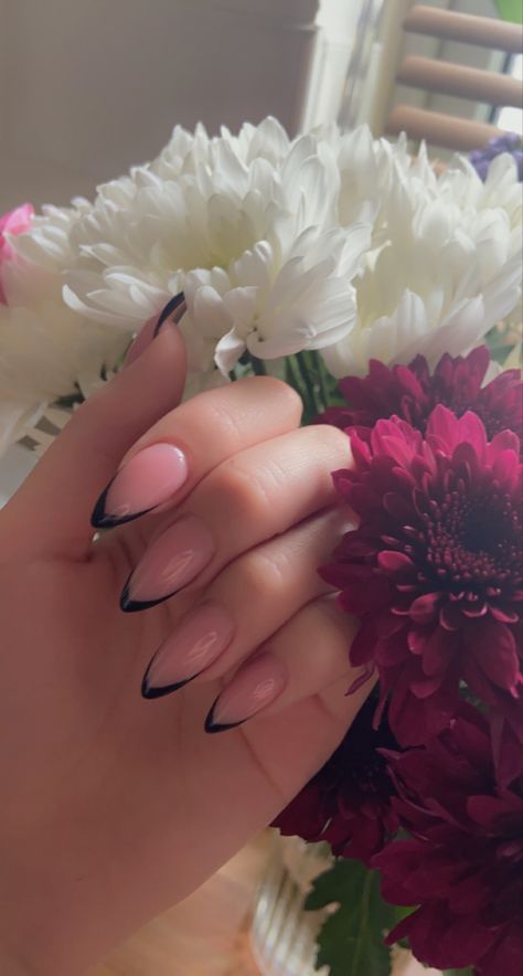 Nails. Flowers. Manicure. Black french. Almond Shaped Nails With Black Tips, Almond Shaped Black Nails Designs, Black French Tip Nails Pointy, Pointy Almond Nails French Tip, Pointy French Nails, Stiletto Nails Black French Tip, Black Stiletto French Tip Nails, Almond Shape Black Nails, Black French Nails Almond