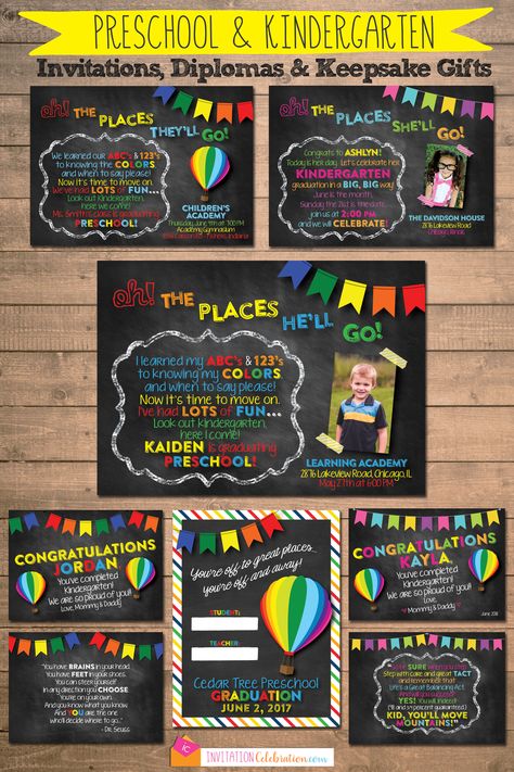 Oh the Places You'll Go - Dr. Seuss - Preschool and Kindergarten Graduation invitations, Diplomas and Keepsake Cards and Gifts. #graduation Pre K Graduation Poster Ideas, Farewell Preschool, Kindergarten Graduation Picture Ideas, Kindergarten Invitations, Graduation Poster Boards, Preschool Graduation Theme, Kindergarten Graduation Pictures, Kindergarden Graduation, Kindergarten Graduation Invitations