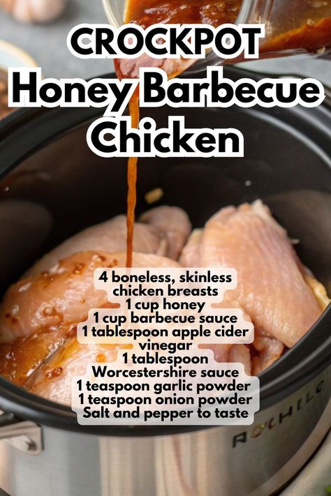 Crock Pot Honey Chicken Bbq made in Slow Cooker. The text overlay represents honey barbecue chicken in crockpot Crock Pot Bbq Chicken Recipes, Honey Bourbon Chicken Crockpot, Crock Pot Bbq Chicken Breast, Honey Bbq Chicken Crockpot, Bbq Chicken Crockpot Recipes, Crockpot Bbq Chicken Recipes, Bbq Chicken Crockpot Easy, Barbeque Chicken Crockpot, Bbq Chicken Thighs Crockpot