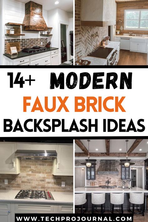 Confused about adding texture to your kitchen? Modern faux brick backsplash ideas are a stylish, low-maintenance option that adds warmth and character. Find ways to achieve that rustic, brick look without the hassle of real brick using these modern backsplash ideas. Faux Brick Walls Kitchen, Brick Tile Wall Kitchen, Paint Tile To Look Like Brick, Fo Brick Backsplash Kitchen, Kitchen Faux Brick Backsplash, Faux Brick In Kitchen, Brick Paver Backsplash Kitchen, Farmhouse Brick Backsplash Kitchen, Modern Rustic Kitchen Backsplash