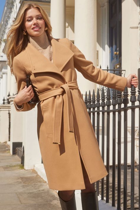 Brown Belted Wool Coat For Winter, Brown Belted Wool Coat With Lapel Collar, Belted Beige Wool Coat, Elegant Brown Belted Wool Coat, Brown Long-sleeve Wool Coat, Belted Wool Coat, Ladies Coats, Belted Wrap Coat, Womens Office