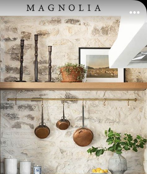 Pink Kitchenaid, Joanna Gaines Kitchen, Stone Fireplace Makeover, Modern Country Decor, Stone Backsplash Kitchen, Faux Stone Walls, Earthy Home Decor, Natural Stone Wall, Rustic Bathroom Designs