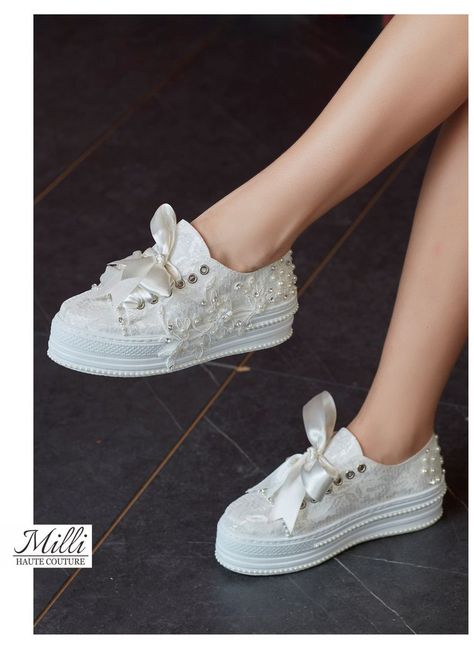 Bride Platform Sneakers, Wedding Platform Shoes, Platform Wedding Shoes, Wedding Sneakers For Bride, White Lace Shoes, Ivory Heels Wedding, Wedding Shoes Sneakers, Best Bridal Shoes, Wedding Platform