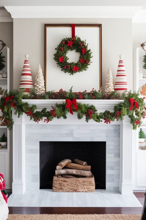 28 Christmas Mantle Decor Ideas » HomeQly.com Mantel Wreaths Fireplaces, Poinsettas Around Fireplace, Floating Mantle Christmas Decor, Fun Christmas Mantle Ideas, Christmas Stocking Mantle Ideas, Christmas Fireplace Mantels With Tv, Christmas Wreath Over Fireplace, Indoor Christmas Garland Ideas, Simple Christmas Mantle Decor With Tv