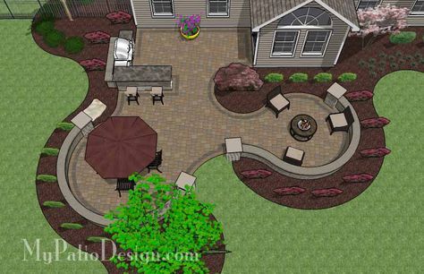 670 sq. ft. of Outdoor Living Space. Curvy Design Creates Beautiful Areas for Outdoor Dining, Grilling and Fire Pit with Seating. 24” Tall Sea Large Paver Patio, Patio Plan, Large Backyard Landscaping, Patio Plans, Outdoor Grill Station, Patio Layout, Concrete Patios, Patio Pavers Design, Cheap Backyard