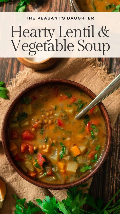 Lentil Vegetable Soup Recipe, Lentil Veggie Soup, Vegetable Potato Soup, Potato Lentil Soup, Lentil And Vegetable Soup, Carrot Potato Soup, Lentil Potato Soup, Green Lentil Soup, Potatoes And Tomatoes