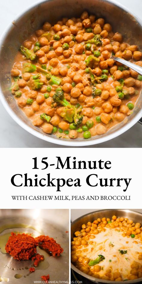 Easy chickpea curry, my current favorite dinner recipe! Make it with canned garbanzo beans, red curry paste and dairy-free milk in about 15 minutes. Chickpea Recipes Dinner, Vegetarian Chickpea Curry, Curry Chickpeas, Chickpea Recipes Easy, Curried Chickpeas, Easy Chickpea Curry, Garbanzo Bean Recipes, Vegan Chickpea Curry, Chickpea Curry Recipe