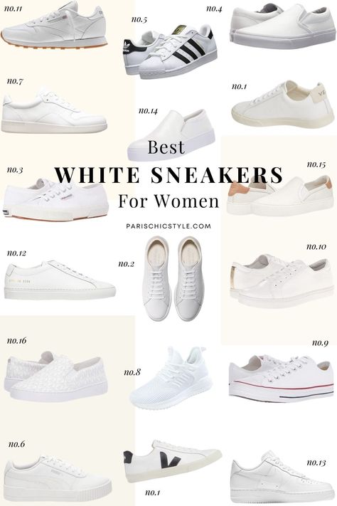 White Shoes For Dress, White Shoes With Dress Outfit, Parisian Style Shoes, Best White Sneakers For Dresses, White Sneaker With Dress, Best White Shoes For Women, White Sneakers For Dresses, How To Style White Shoes, Styling White Sneakers Women