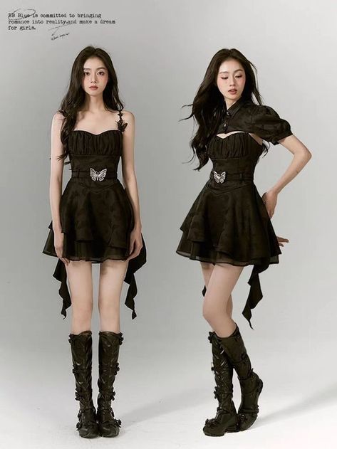 Kpop Dress Ideas, Dark Green Dress Aesthetic, Kpop Black Outfit, Black Stage Outfits Kpop, Women Dress Aesthetic, Aesthetic Quinceanera, Idols Outfits Stage, Kpop Performance Outfit, Kpop Stage Outfits Ideas