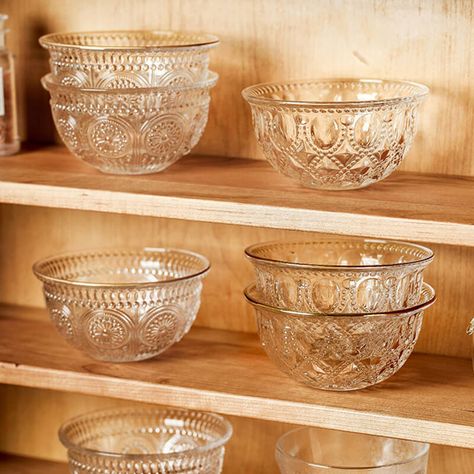 The Embossed Glass Bowl has a vintage-inspired embossed design and is made of high-quality, crystal-clear glass. It’s transparent quality enhances the beauty of the food inside. It's durable, easy to maintain, and adds elegance to any occasion. DETAIL - Item No: 202306BO07 - Material: Glass - Package include: 1/Pack NOTE No suitable for ovens, disinfection cabinets, dishwashers, microwave ovens Embossed Glassware, Clear Dishes, Kitchen Glasses, Kitchen Dishware, Vintage Glass Bowl, Crystal Dishes, Glass Dinnerware, Future Kitchen, Microwave Ovens