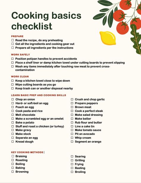 This cooking basics checklist template will help you prepare in the kitchen, choose healthier foods, and save money on take-out. Will teach you new cooking tips and techniques to help make you the master of the kitchen. Basics Of Cooking, Cooking Checklist, Cooking Template, Kitchen Basics List Food, Cooking Basics For Beginners, Food Basics, Culinary School Recipes, Learning How To Cook, Basic Cooking Skills