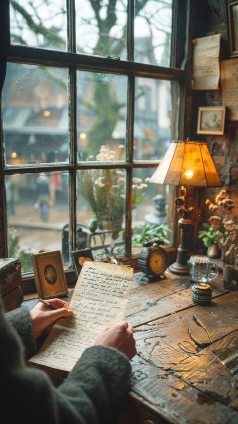 Person writing a letter by a window in a cozy, vintage-style room with warm lighting, perfect for storytelling or royalty free stock images Writers Room, Writing Room, Women Writing, Cozy Cafe, Writing Space, Writing Styles, Cozy Room, Bay Window, Room Aesthetic