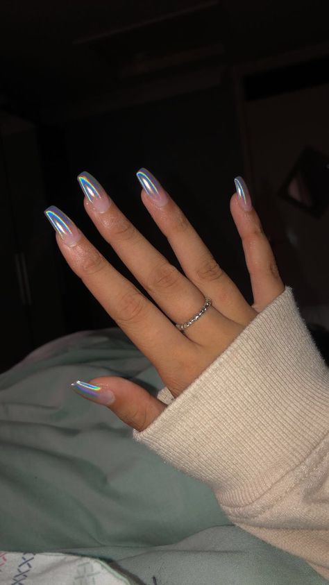 Silver Iridescent Nails, Holographic French Tip Nails, Silver Holographic Nails, Iridescent French Tip Nails, Irridescent Nails, Prom Nails French, Euphoria Nails, Hoco Nails, Chrome Powder