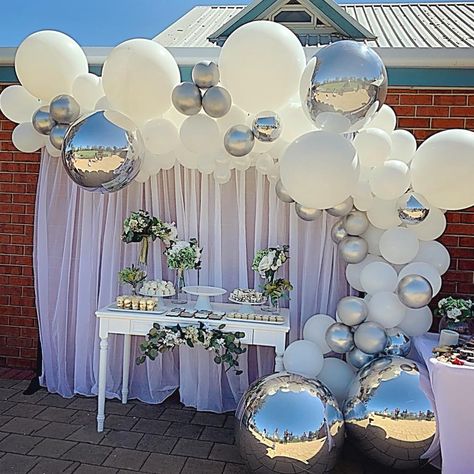 Alexandra Moala on Instagram: “Happy silver wedding anniversary to a wonderful couple @2makeitsweet! Thank you for the YUMMY desserts! 💕💕💕 #silverweddinganniversary…” Silver Party Decorations, Balloons Galore, Balloons Wedding, Pastel Balloons, Silver Balloon, Silver Wedding Anniversary, Silver Party, White Balloons, Wedding Balloons