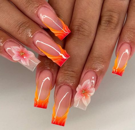 Orange Nails Ideas, Nail Art Fleur, Cruise Nails, Hot Nail Designs, Sunset Nails, Orange Nail Designs, Small Nails, Tropical Nails, Nails Salon