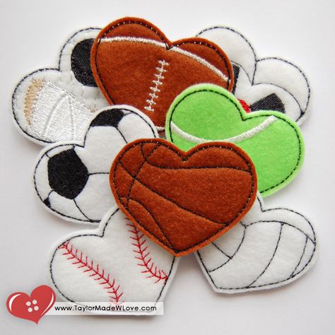 Sports Hearts Felties Set Digital Design Files - Love, Sports, Ball, Balls, Team, Play, Fun, Games by TaylorMadeWLove on Etsy Softball Heart, Basketball Heart, Football Heart, Blessing Bags, Felt House, Moms Crafts, Felt Patterns, Birthday Crown, Tic Tac Toe