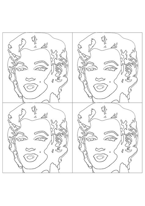 Coloring page created from 'Shot Sage Blue Marilyn' by Andy Warhol (version with four portraits) - JustColor.net : Free adult printable coloring pages Famous Art Coloring, Andy Warhol Portraits, Famous Pop Art, Warhol Paintings, Andy Warhol Marilyn, Art Coloring Pages, Andy Warhol Pop Art, Pop Art Coloring Pages, Pop Art Colors