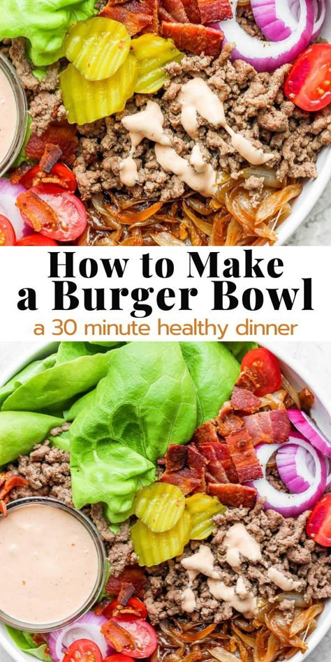 Bbq Bowls Healthy, Deconstructed Hamburger Bowl, Deconstructed Burger Bowl, Cheese Burger Bowl, Cowboy Burger Bowl, Smash Burger Bowl, Burger Salad Bowl, Healthy Burger Bowl, Burger Bowls Recipe Healthy