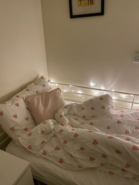 Ikea heart-shaped bedding for a single bed with fairy lights on the side of the bed. Girly Room, Cute Room Ideas, Cozy Room Decor, Pretty Room, Dreamy Room, Dream Room Inspiration, Room Makeover Bedroom, Room Makeover Inspiration, Cute Room Decor