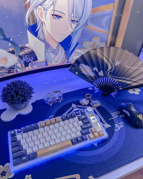 ayato themed genshin impact gaming pc setup blue Genshin Pc Setup, Pc Setup Blue, Genshin Ayato, Video Game Room Decor, Anime Bedroom Ideas, Nixie Tube Clock, Work Setup, Gaming Desk Setup, Play Computer Games