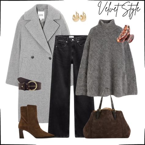 Winter Neutrals & Earthy Accents! ❄️👜 Welcoming the chilly vibes with this cozy winter ensemble! A stylish gray coat and matching sweater set the tone for a chic and warm look. Elevate the outfit with rich brown accessories—a sleek handbag and heeled ankle boots for that perfect touch of earthy charm. Ready to conquer the season with style and warmth! 🧥👢 • Coat | Cos 1121928004 • Sweater | H&M 1196025001 • Denim | Zara 6045/129 • Bag | Gérard Darel • Heels | Zara 2128/210 • Earrings | Strad... Winter Neutrals, Gray Coat, Velvet Style, Outfit Zara, Brown Accessories, Zara Coat, Winter Neutral, Matching Sweaters, Grey Outfit