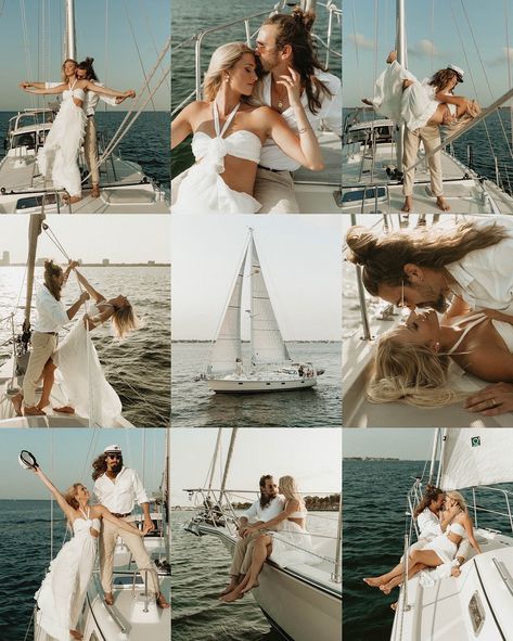 Boat Elopement Ideas, Boat Engagement, Yacht Pre Wedding Shoot, Engagement Photos On A Boat, Sailboat Engagement Photos, Sailboat Engagement Pictures, Sailboat Elopement, Wedding Pictures On A Boat, Boating