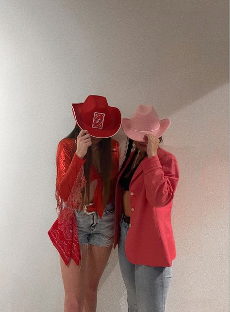 Reverse Cowgirl Costume Uno Card, Red Cowgirl Costume, Pink Cowgirl Costume Halloween, Pink Cowgirl Hat Outfit, Reverse Cowgirl Costume, Cowgirl Costume Aesthetic, Red Cowgirl Outfit, Caw Girl, Red Cowgirl Hat