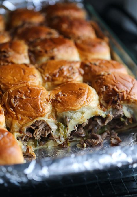 Philly Cheesesteak Sliders | Cookies and Cups Philly Cheesesteak Sliders Recipe, Fluffy Bun, Philly Cheesesteak Sliders, Garbage Bread, Sautéed Peppers, Kinds Of Steak, Cheesesteak Sliders, Philly Cheese Steak Sliders, Philly Cheese Steak Recipe