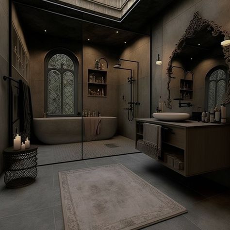 Dark Academia House Interior Kitchen, Bathroom Academia, Dark Esthetics House, Dark Castle Bathroom, Dark Academia Modern House, Vintage Gothic Bathroom, Dark Academia Aesthetic House Interior, Modern Goth Interior, Dark Feminine House Aesthetic