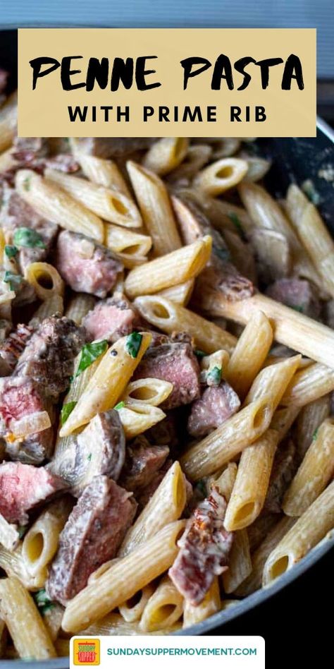 Looking for ideas on what to do with leftover prime rib? Or maybe you just want to prepare a mouth-watering ribeye recipe? This copycat Creamy Penne Pasta with Sliced Prime Rib is just what you need! This is a restaurant-style creamy pasta recipe that's full of flavors and so easy to make! It's just like Applebees creamy penne pasta with sliced prime rib, but even more delicious. #SundaySupper #primerib #ribeyesteak #pastarecipes #pasta #pastas #pennepasta #copycatrecipe Ribeye Steak Pasta Recipes, Pasta With Leftover Steak, Ribeye Recipes Meals, Leftover Steak Pasta, Steak Leftovers Ideas Easy Dinners, Leftover Steak Pasta Recipes, Prime Rib Leftover Recipes Ideas, Creamy Steak Pasta Recipes, Leftover Ribeye Roast Recipes