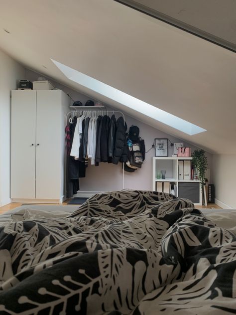 Attic Room Ideas Aesthetic, Bedroom Attic Slanted Walls, Room With Roof Sloping, Bedroom Roof Design, Roof Room Ideas, Attic Bedroom Layout, Pitched Roof Bedroom, Small Slanted Ceiling Bedroom, Loft Room Decor